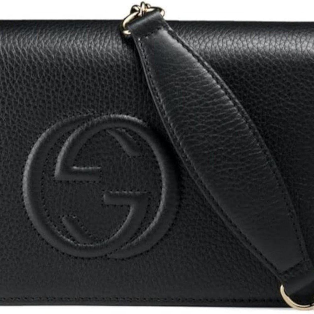 Gucci Soho Wallet on Chain in black pebbled leather with a chain strap